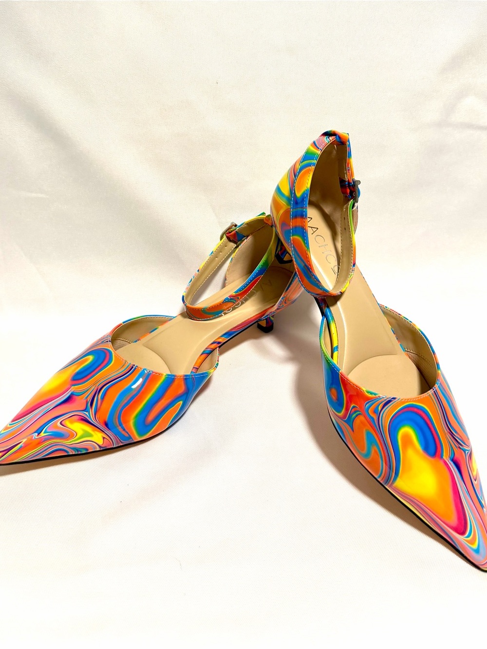 Pointed-Toe Multicolor Swirl Ankle-Strap Heels